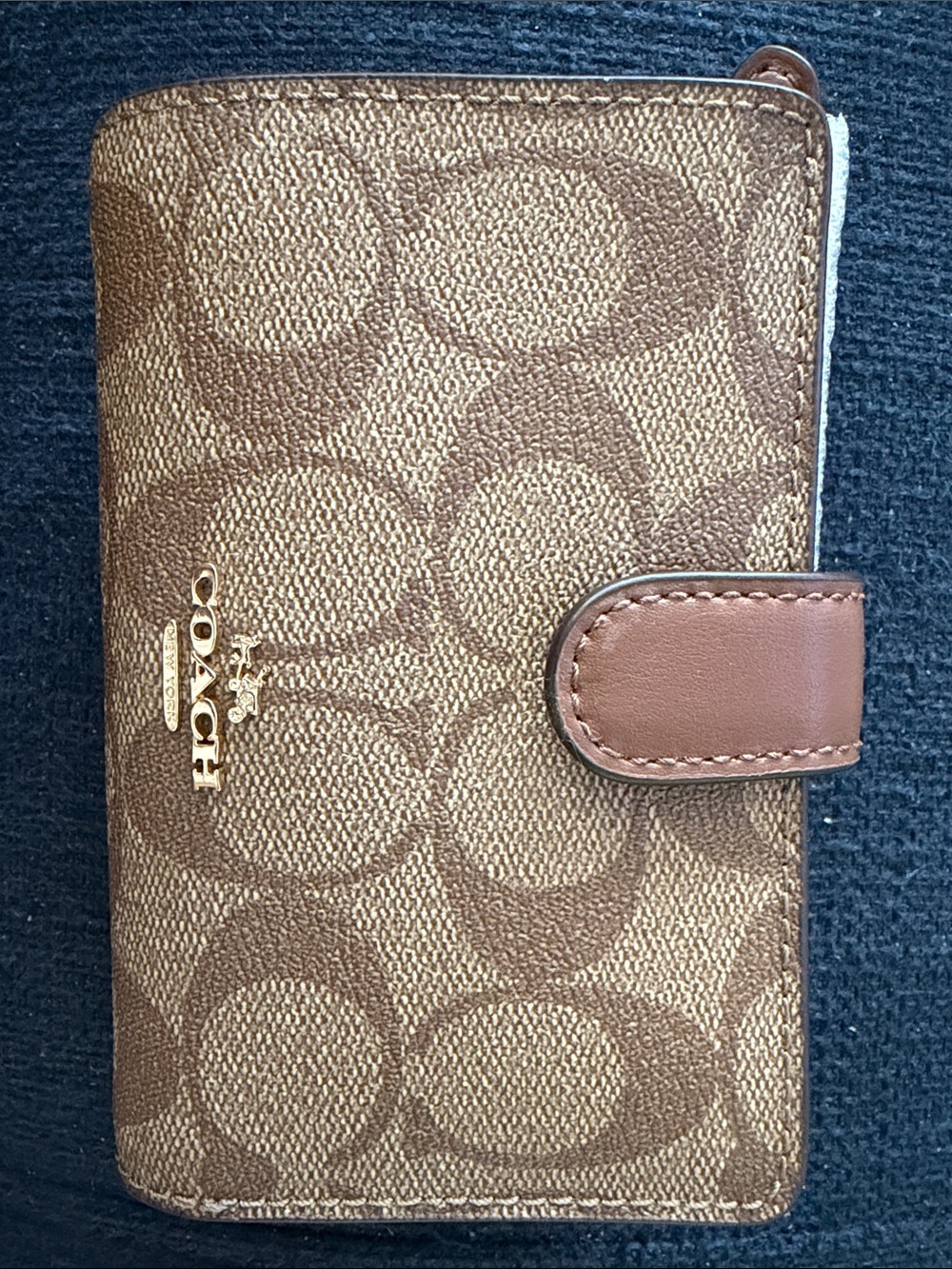 Coach Brown Monogram Compact Wallet with Leather Snap